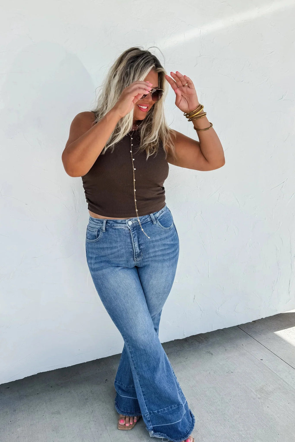 Blakeley "Romi" Medium Wash Tummy Control Panel Western Flare Jeans — Non-Distressed with Raw Shadow Hem (Size 9 and 13 available) - Rooted & Reckless Co.