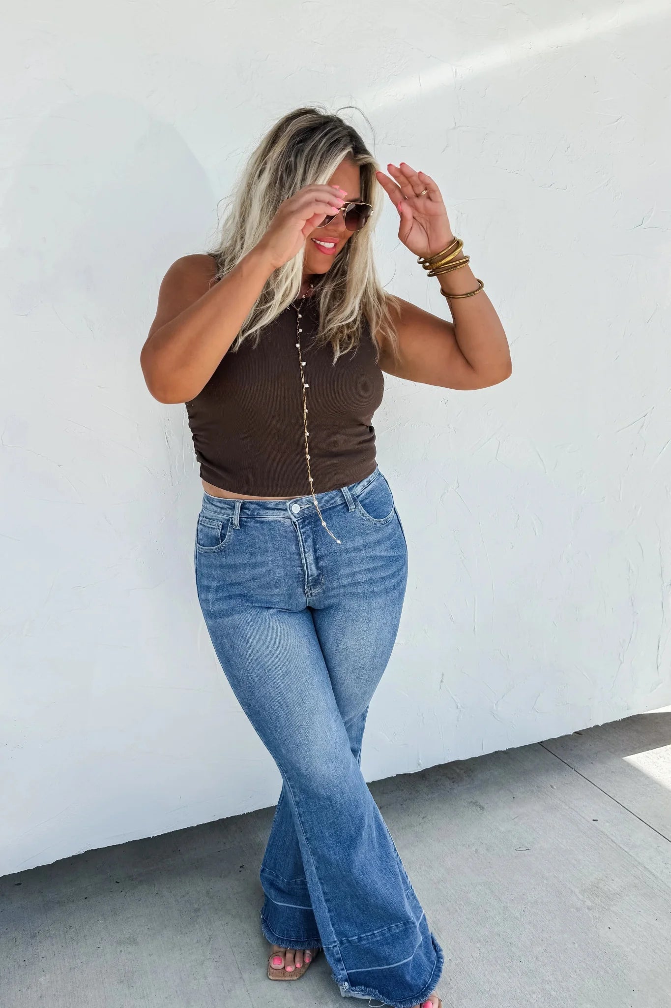 Blakeley "Romi" Medium Wash Tummy Control Panel Western Flare Jeans — Non-Distressed with Raw Shadow Hem (Size 9 and 13 available) - Rooted & Reckless Co.