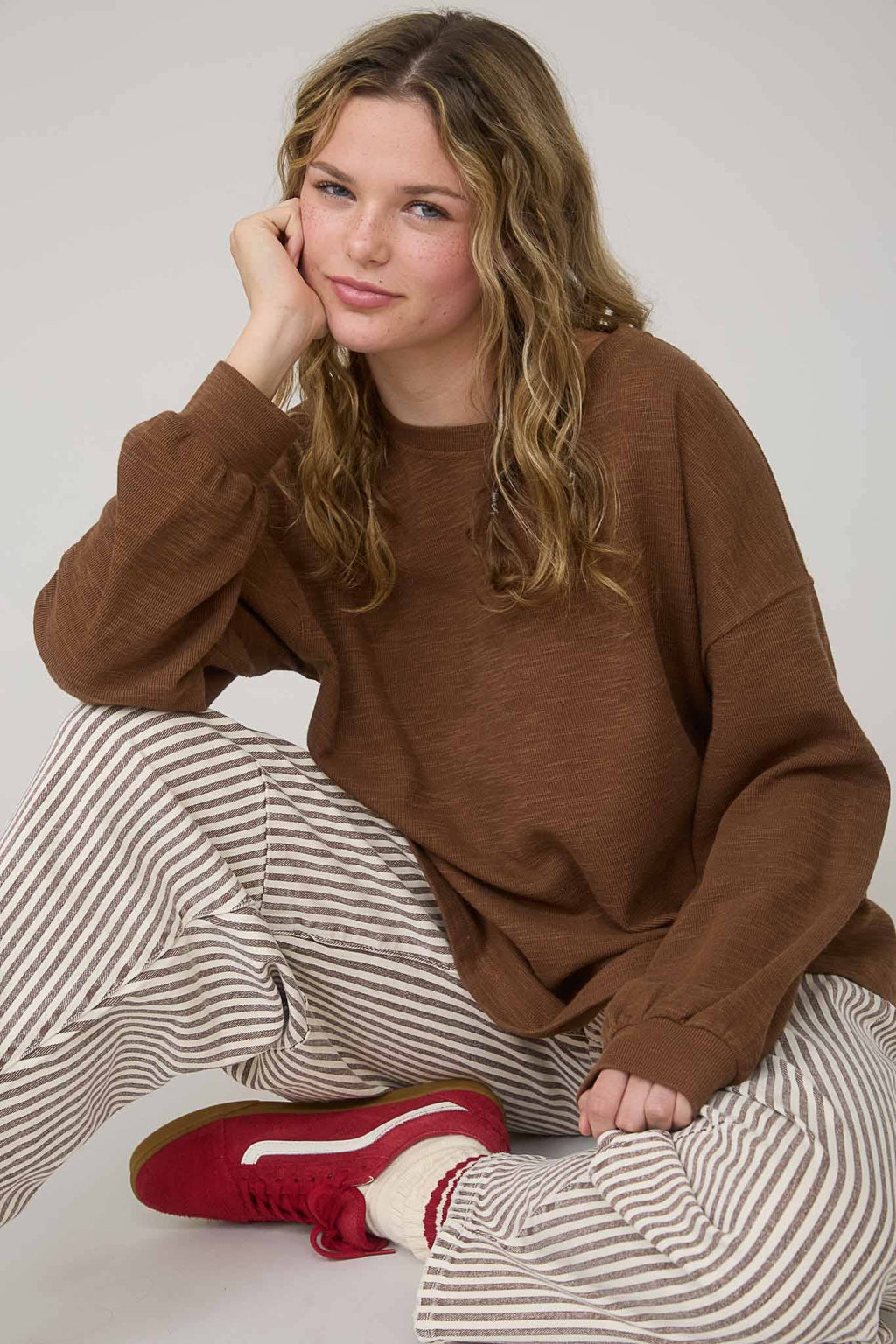 Blu Pepper "Round Up" Western Raw Edge Marled Knit Top — Soft Cotton Blend (Brown or Oatmeal) - Rooted & Reckless Co.