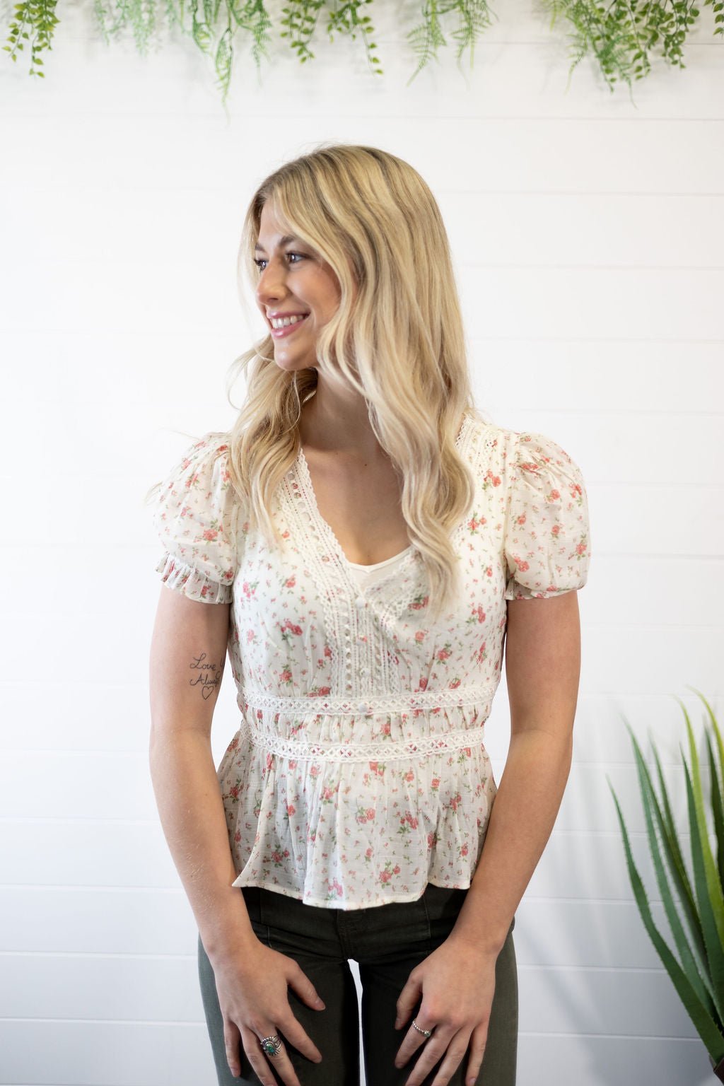 Blu Pepper "Salina" Western Crochet Lace Trim V-Neck Top — Red & Olive Floral Print - Rooted & Reckless Co.