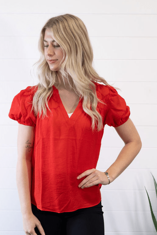Blu Pepper "Scarlette" Red Eyelet Puff Sleeve Western Top — Split Neckline with Embroidered Eyelet Detail - Rooted & Reckless Co.