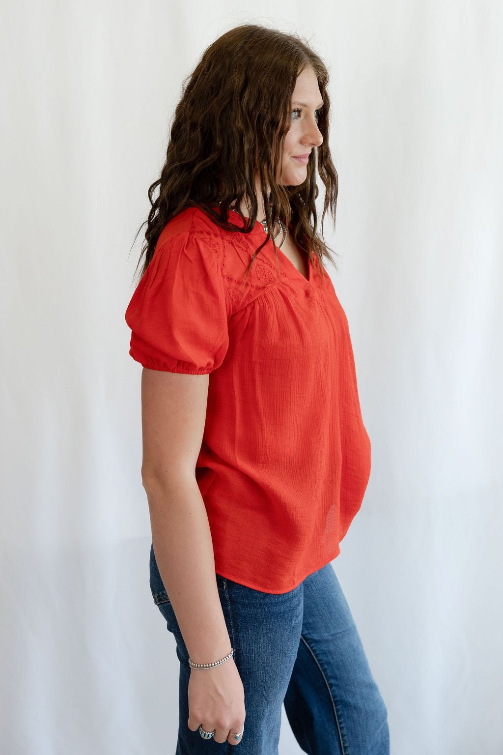 Blu Pepper "Scarlette" Red Eyelet Puff Sleeve Western Top — Split Neckline with Embroidered Eyelet Detail - Rooted & Reckless Co.