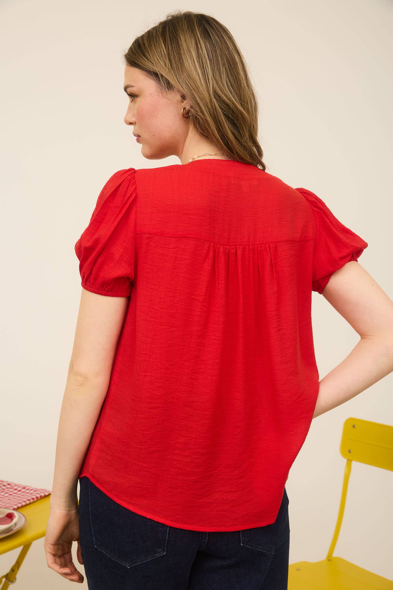 Blu Pepper "Scarlette" Red Eyelet Puff Sleeve Western Top — Split Neckline with Embroidered Eyelet Detail - Rooted & Reckless Co.