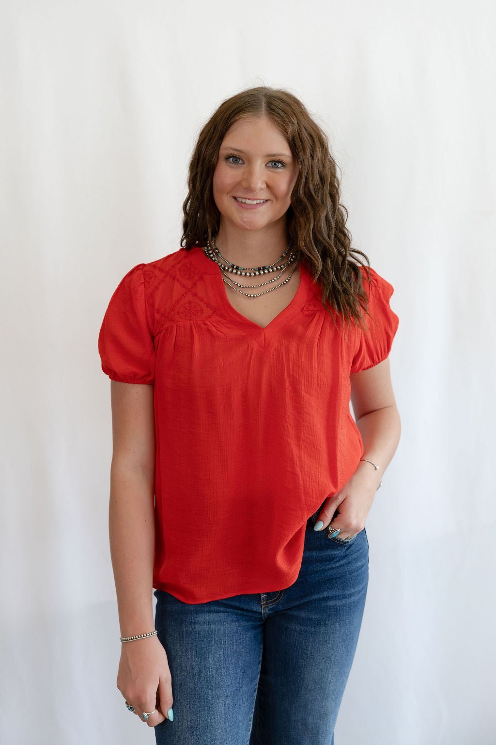 Blu Pepper "Scarlette" Red Eyelet Puff Sleeve Western Top — Split Neckline with Embroidered Eyelet Detail - Rooted & Reckless Co.