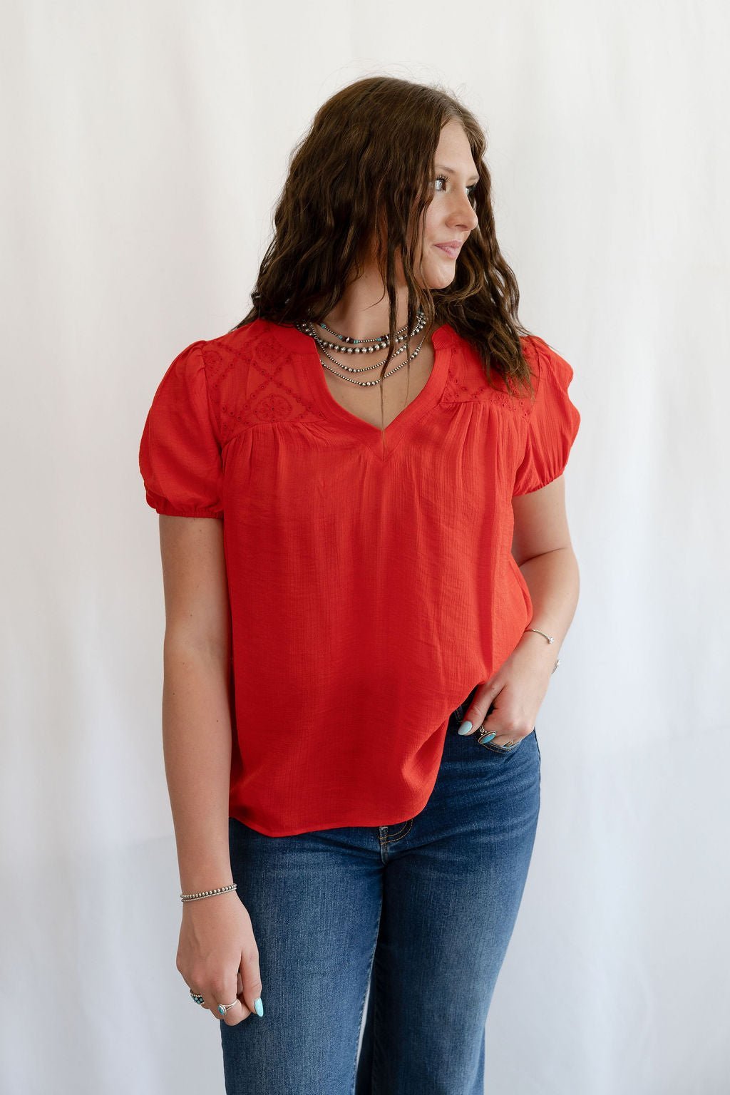 Blu Pepper "Scarlette" Red Eyelet Puff Sleeve Western Top — Split Neckline with Embroidered Eyelet Detail - Rooted & Reckless Co.