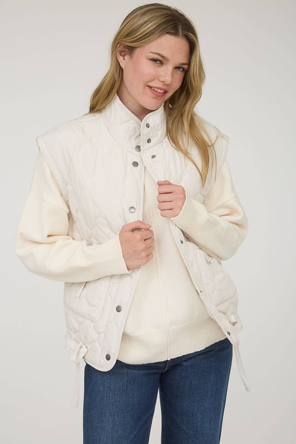 Blu Pepper Tie-Detail Snap-Button Quilted Puffer Western Vest — Mock Neckline, Functional Pockets, Multiple Colors - Rooted & Reckless Co.