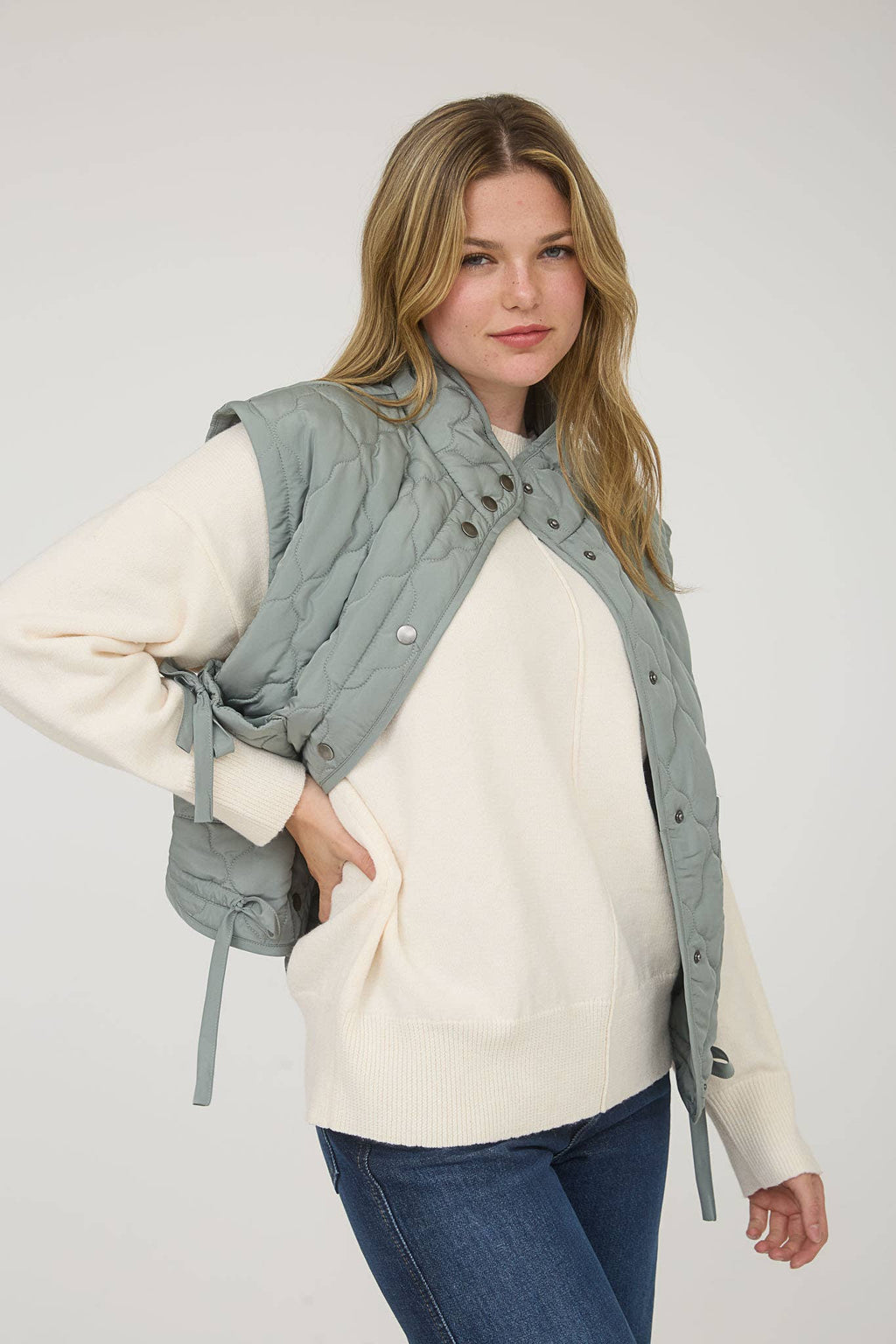 Blu Pepper Tie-Detail Snap-Button Quilted Puffer Western Vest — Mock Neckline, Functional Pockets, Multiple Colors - Rooted & Reckless Co.