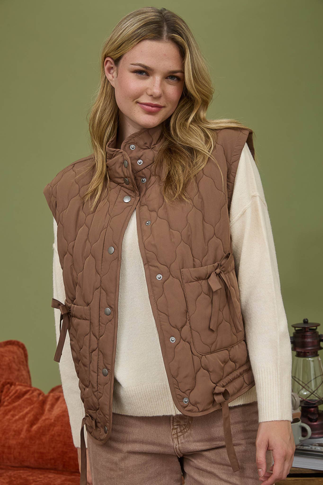 Blu Pepper Tie-Detail Snap-Button Quilted Puffer Western Vest — Mock Neckline, Functional Pockets, Multiple Colors - Rooted & Reckless Co.