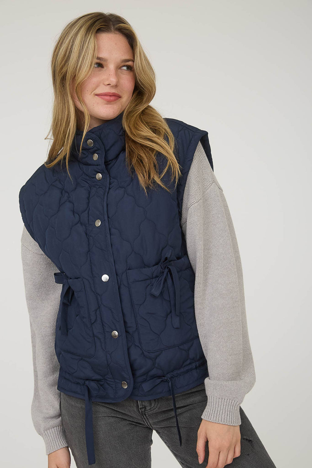 Blu Pepper Tie-Detail Snap-Button Quilted Puffer Western Vest — Mock Neckline, Functional Pockets, Multiple Colors - Rooted & Reckless Co.