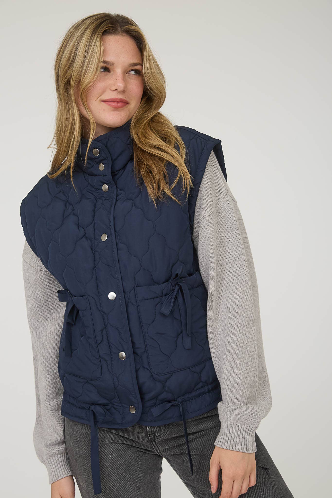 Blu Pepper Tie-Detail Snap-Button Quilted Puffer Western Vest — Mock Neckline, Functional Pockets, Multiple Colors - Rooted & Reckless Co.