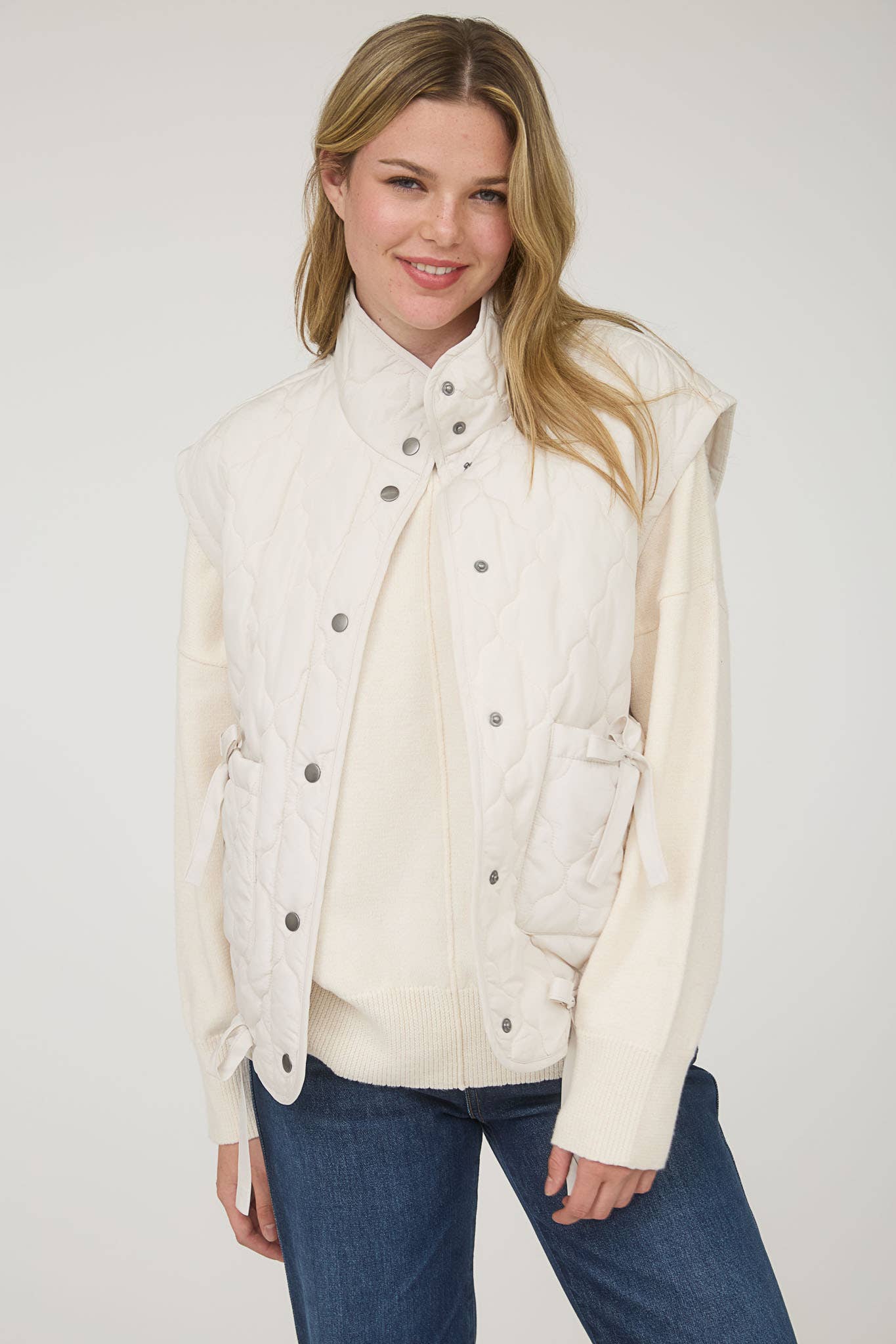 Blu Pepper Tie-Detail Snap-Button Quilted Puffer Western Vest — Mock Neckline, Functional Pockets, Multiple Colors - Rooted & Reckless Co.