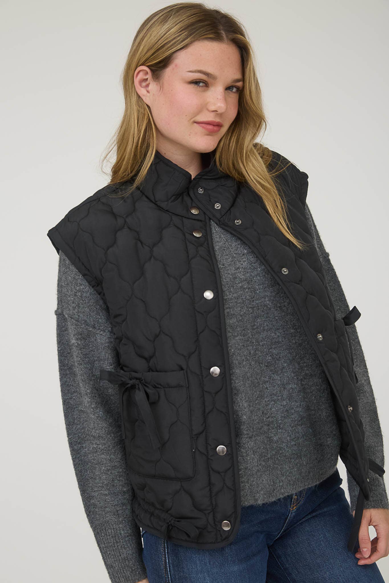 Blu Pepper Tie-Detail Snap-Button Quilted Puffer Western Vest — Mock Neckline, Functional Pockets, Multiple Colors - Rooted & Reckless Co.