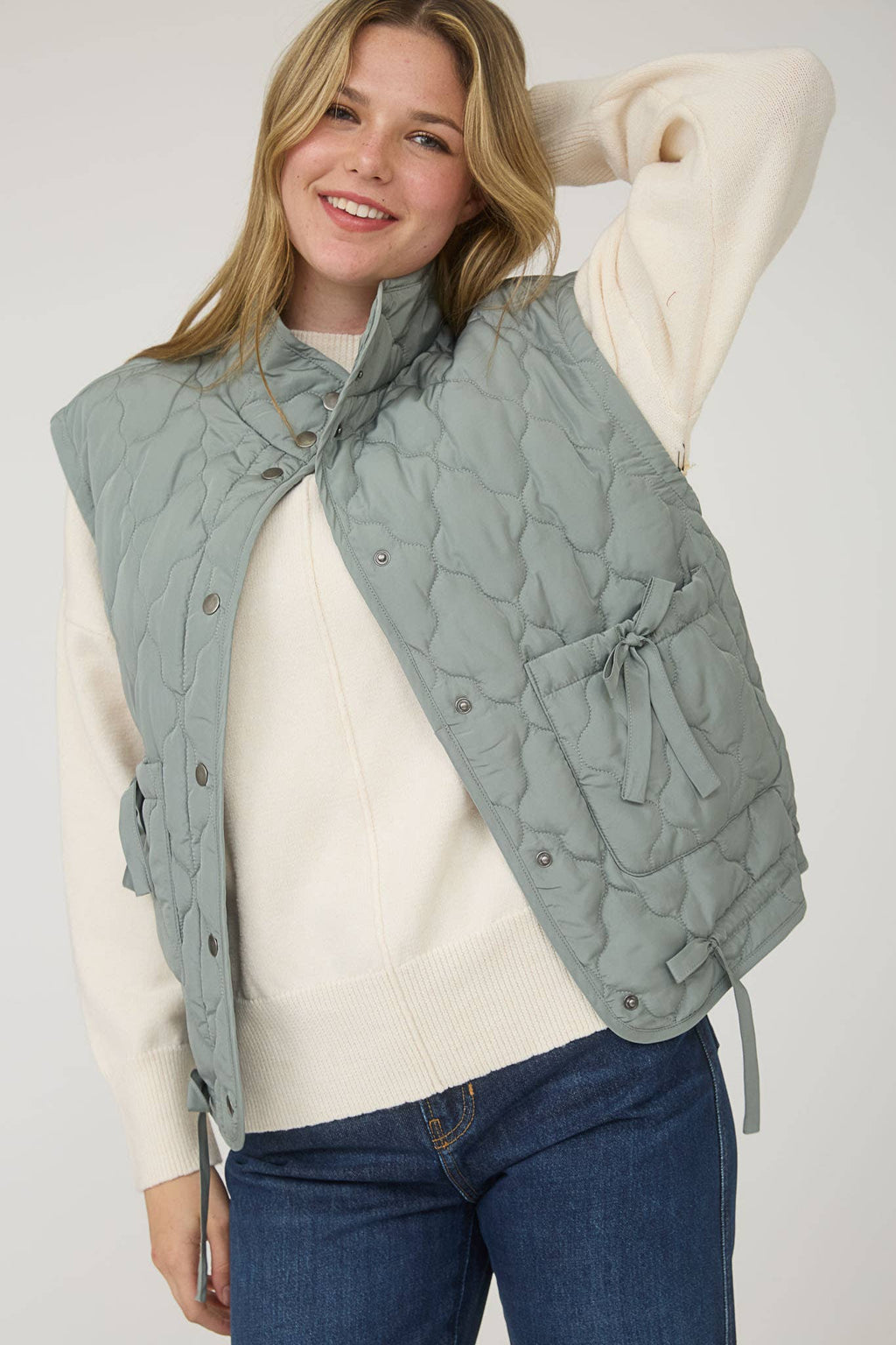 Blu Pepper Tie-Detail Snap-Button Quilted Puffer Western Vest — Mock Neckline, Functional Pockets, Multiple Colors - Rooted & Reckless Co.