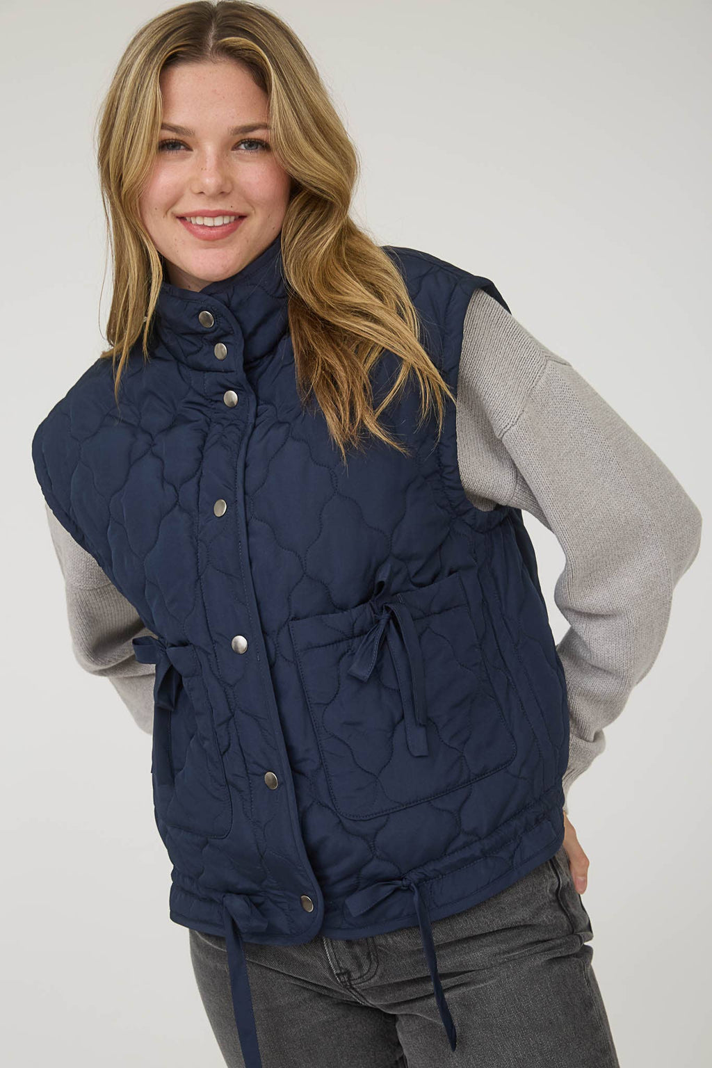 Blu Pepper Tie-Detail Snap-Button Quilted Puffer Western Vest — Mock Neckline, Functional Pockets, Multiple Colors - Rooted & Reckless Co.