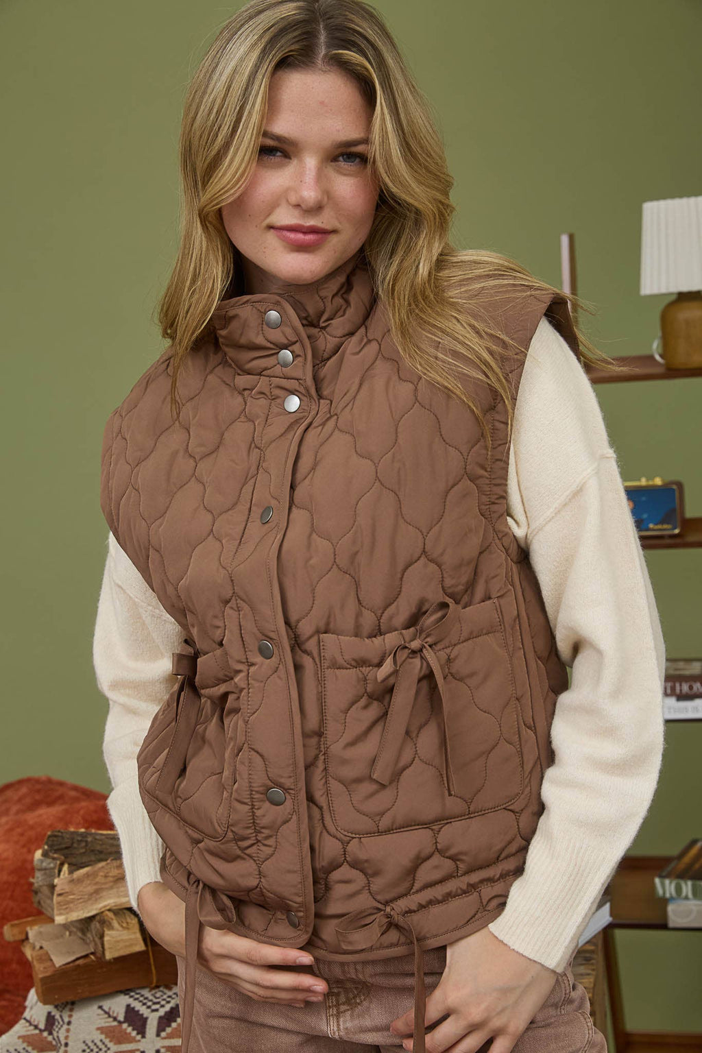 Blu Pepper Tie-Detail Snap-Button Quilted Puffer Western Vest — Mock Neckline, Functional Pockets, Multiple Colors - Rooted & Reckless Co.