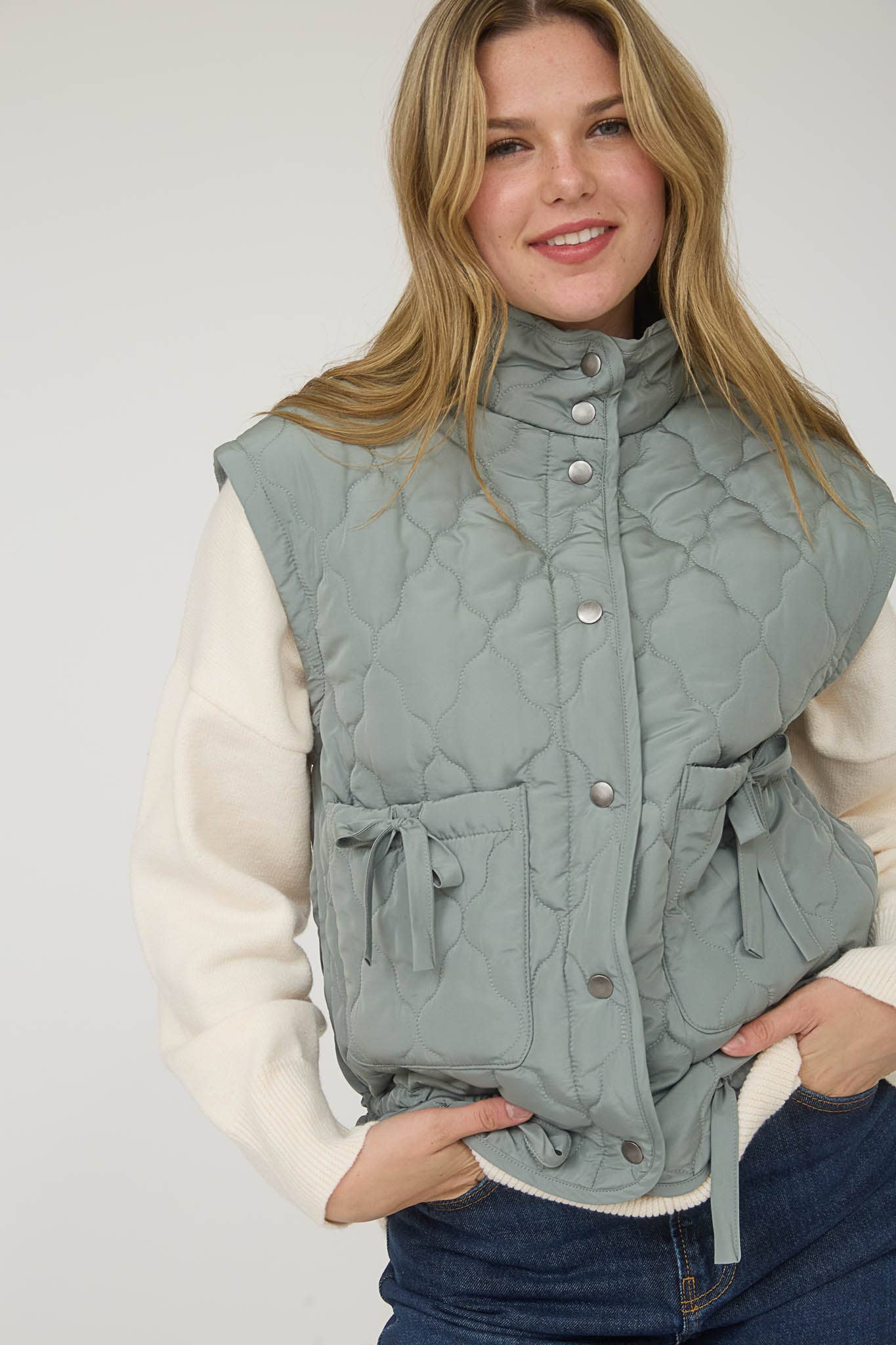 Blu Pepper Tie-Detail Snap-Button Quilted Puffer Western Vest — Mock Neckline, Functional Pockets, Multiple Colors - Rooted & Reckless Co.