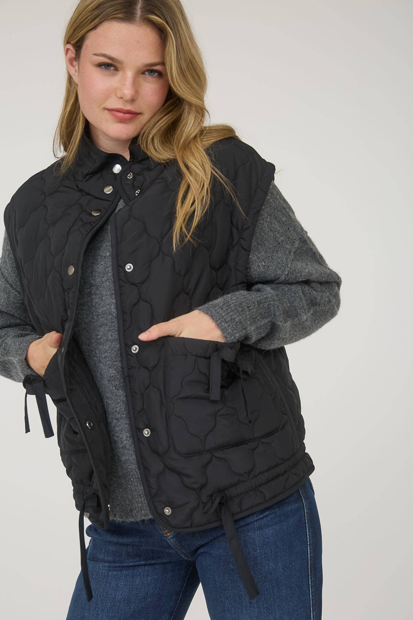 Blu Pepper Tie-Detail Snap-Button Quilted Puffer Western Vest — Mock Neckline, Functional Pockets, Multiple Colors - Rooted & Reckless Co.
