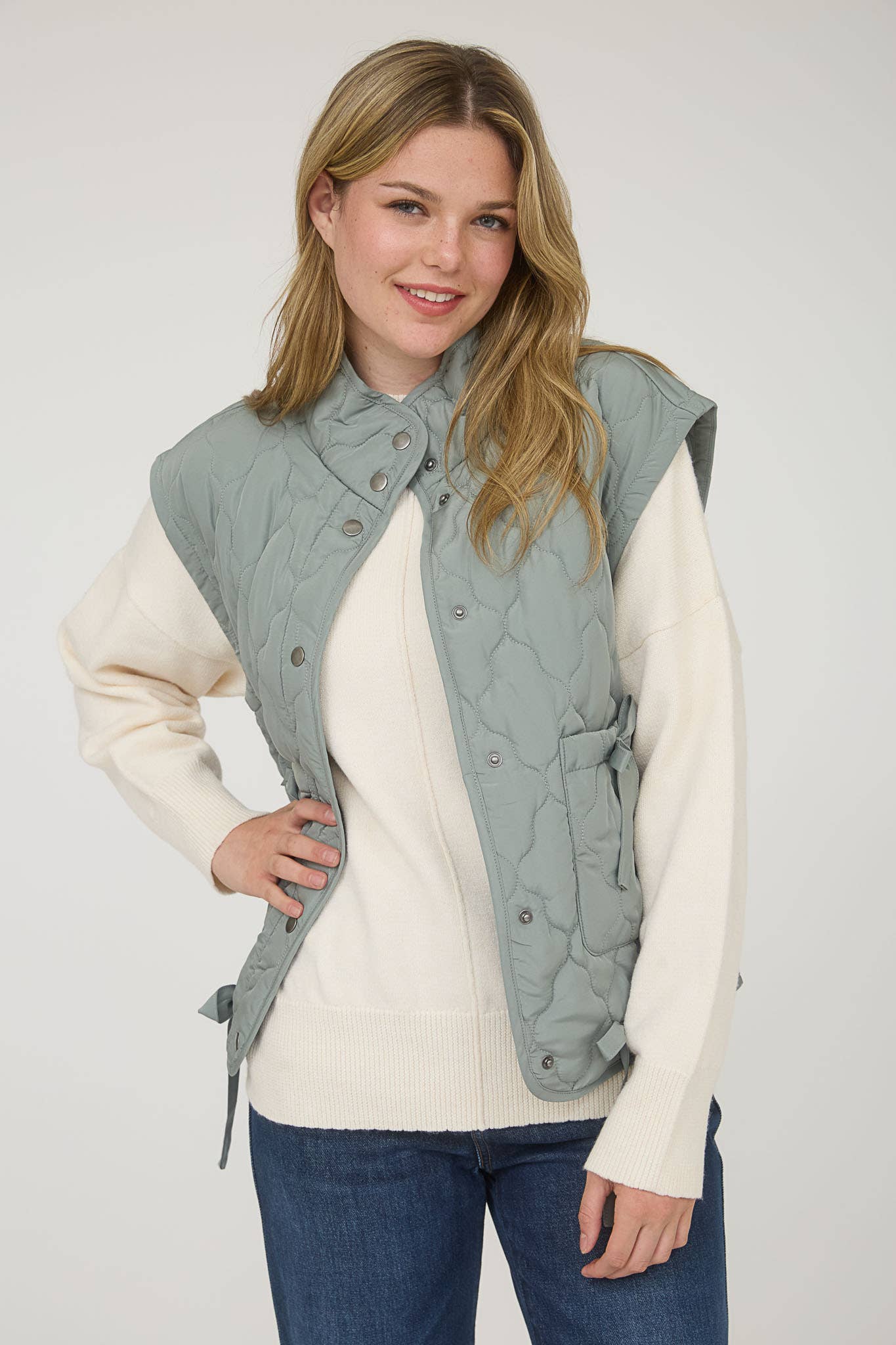 Blu Pepper Tie-Detail Snap-Button Quilted Puffer Western Vest — Mock Neckline, Functional Pockets, Multiple Colors - Rooted & Reckless Co.