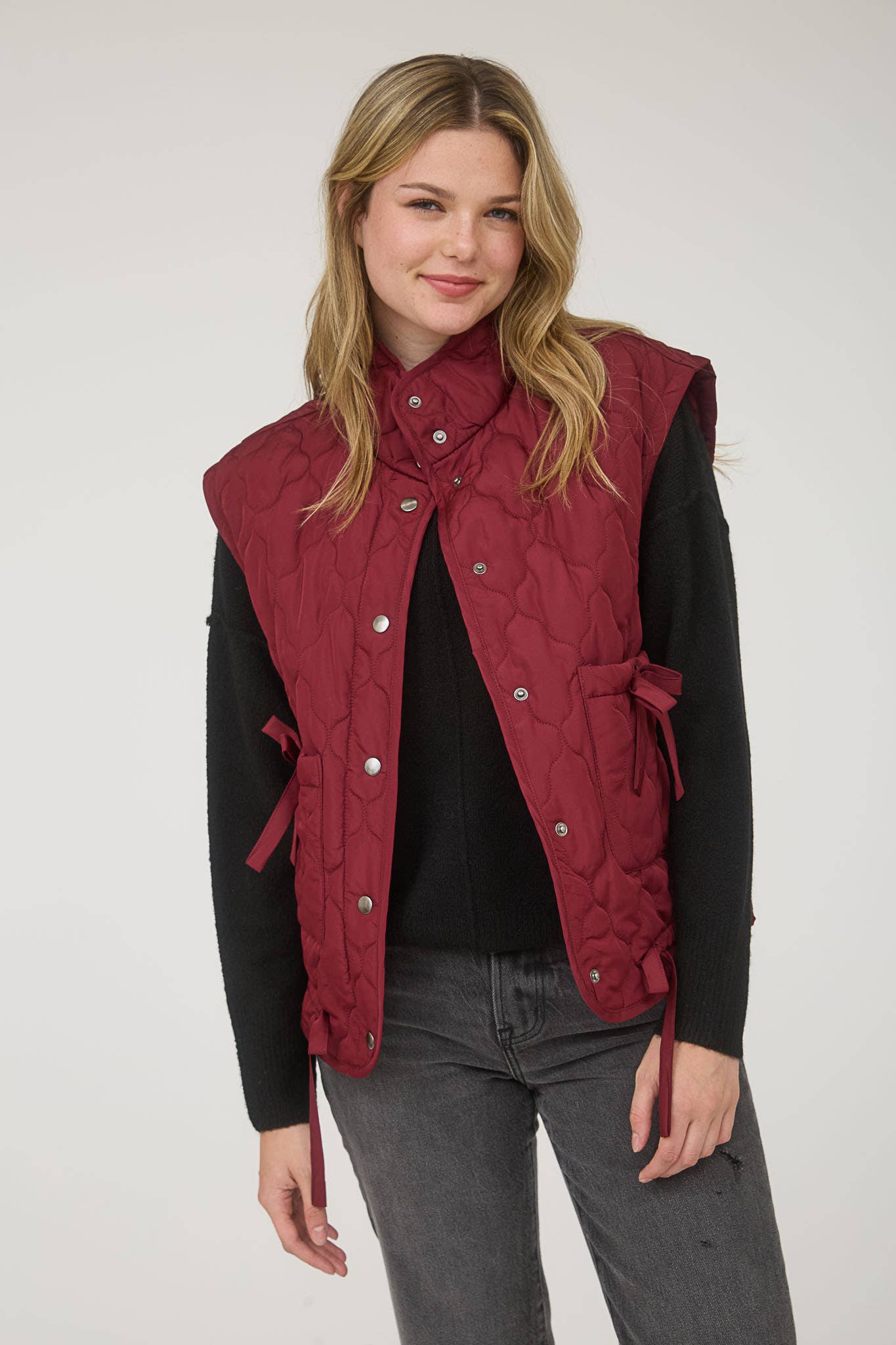 Blu Pepper Tie-Detail Snap-Button Quilted Puffer Western Vest — Mock Neckline, Functional Pockets, Multiple Colors - Rooted & Reckless Co.