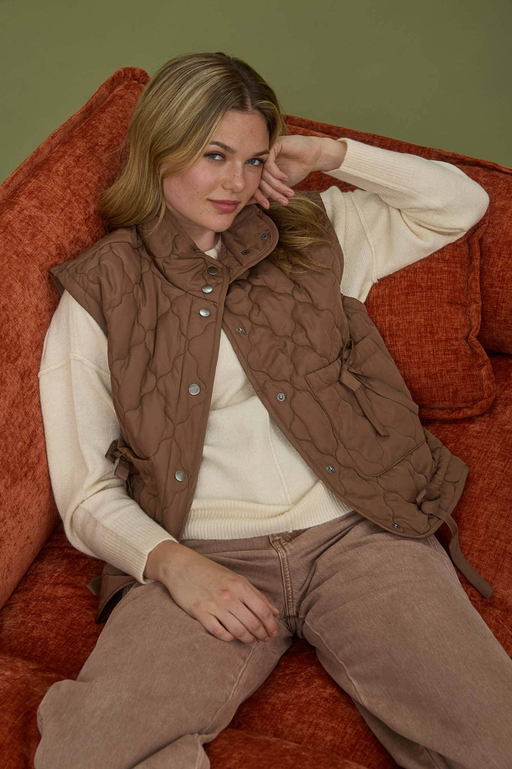 Blu Pepper Tie-Detail Snap-Button Quilted Puffer Western Vest — Mock Neckline, Functional Pockets, Multiple Colors - Rooted & Reckless Co.