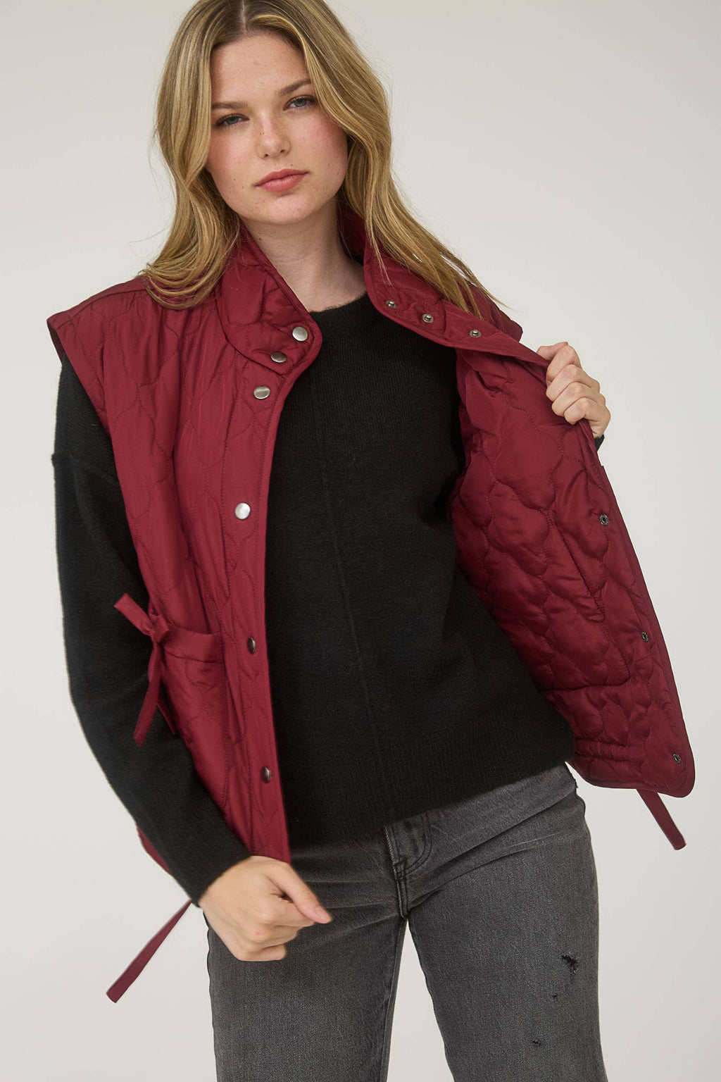 Blu Pepper Tie-Detail Snap-Button Quilted Puffer Western Vest — Mock Neckline, Functional Pockets, Multiple Colors - Rooted & Reckless Co.