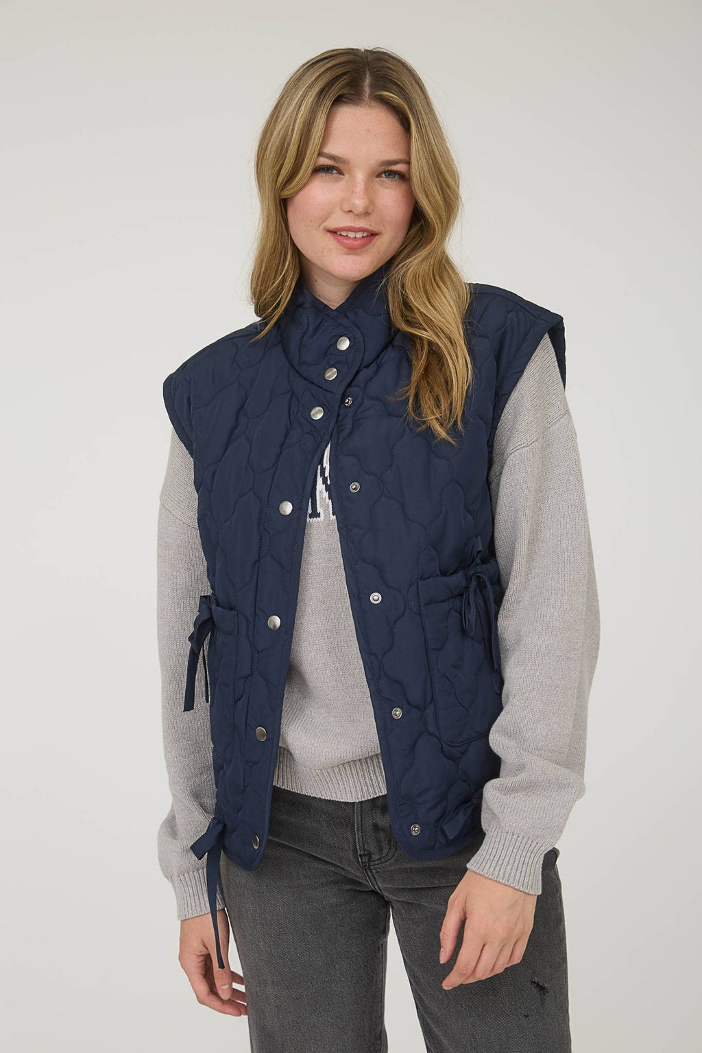 Blu Pepper Tie-Detail Snap-Button Quilted Puffer Western Vest — Mock Neckline, Functional Pockets, Multiple Colors - Rooted & Reckless Co.
