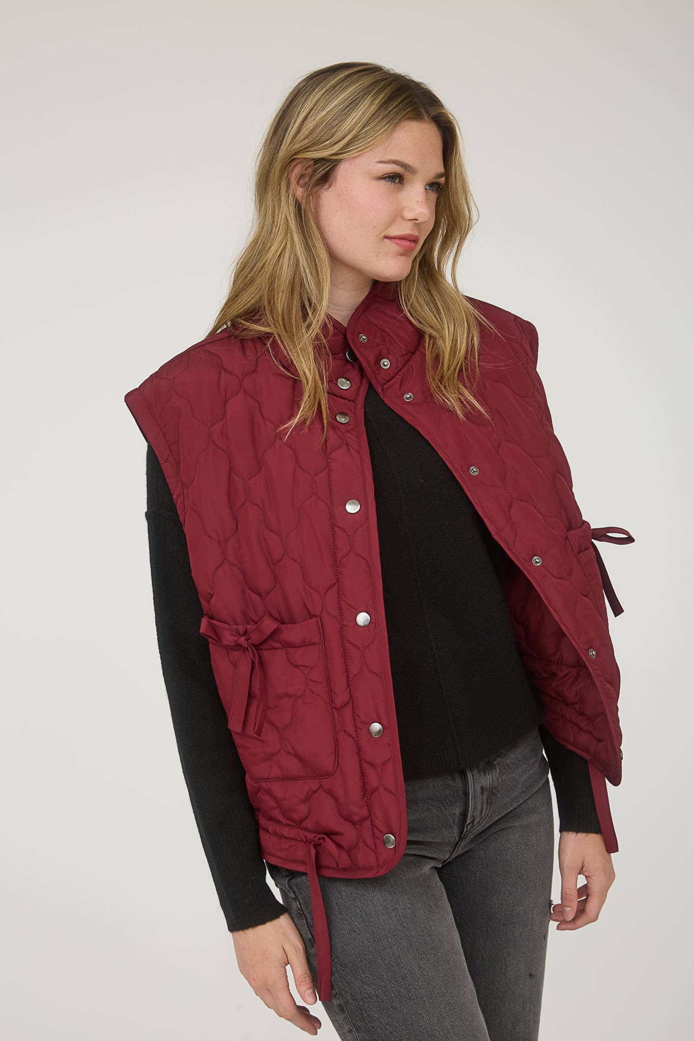 Blu Pepper Tie-Detail Snap-Button Quilted Puffer Western Vest — Mock Neckline, Functional Pockets, Multiple Colors - Rooted & Reckless Co.