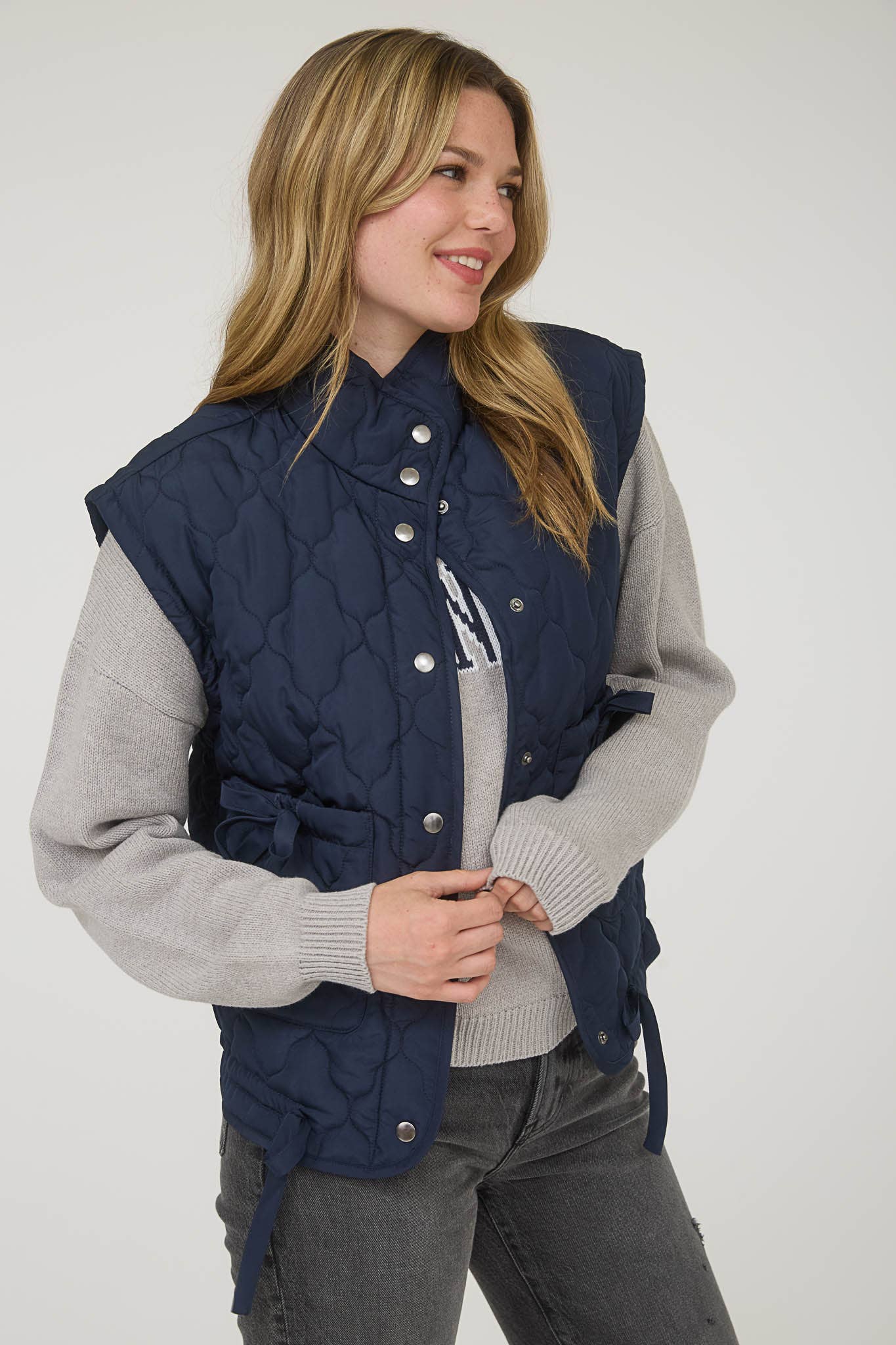 Blu Pepper Tie-Detail Snap-Button Quilted Puffer Western Vest — Mock Neckline, Functional Pockets, Multiple Colors - Rooted & Reckless Co.