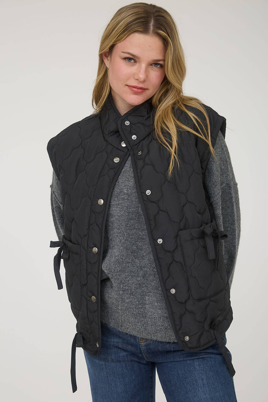 Blu Pepper Tie-Detail Snap-Button Quilted Puffer Western Vest — Mock Neckline, Functional Pockets, Multiple Colors - Rooted & Reckless Co.