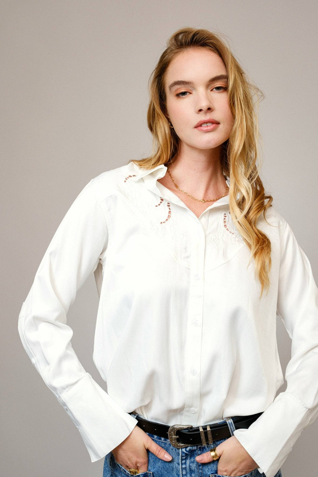 Blue B Embroidered Western Yoke Button-Up Blouse — Lightweight Matte Satin with Cutout Details - Rooted & Reckless Co.