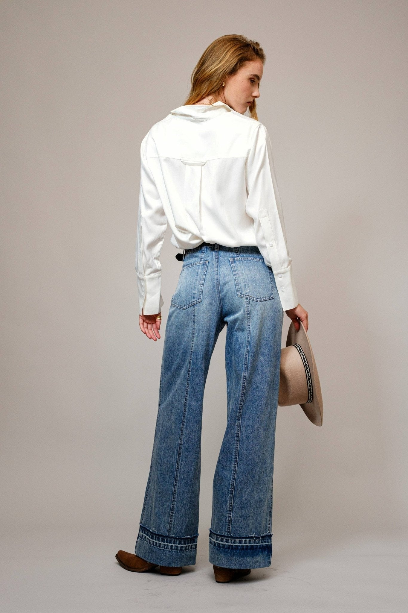 Blue B Embroidered Western Yoke Button-Up Blouse — Lightweight Matte Satin with Cutout Details - Rooted & Reckless Co.