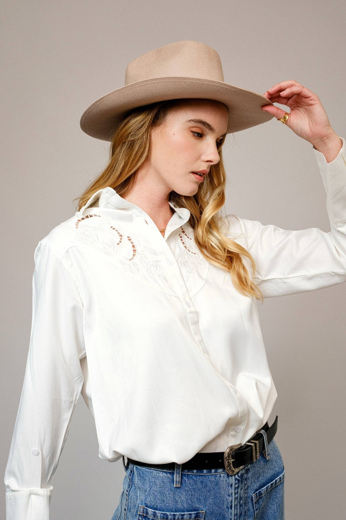 Blue B Embroidered Western Yoke Button-Up Blouse — Lightweight Matte Satin with Cutout Details - Rooted & Reckless Co.