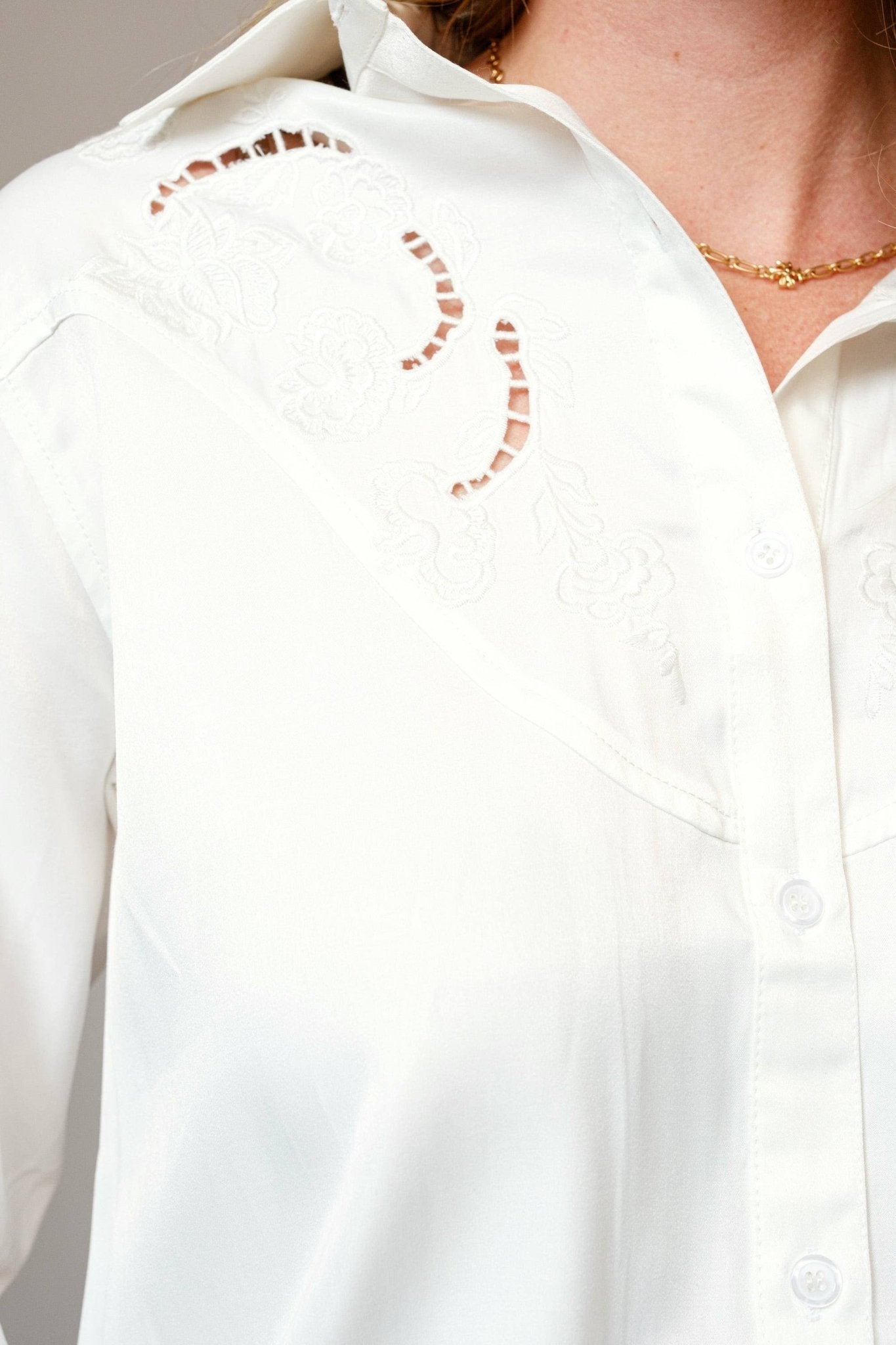 Blue B Embroidered Western Yoke Button-Up Blouse — Lightweight Matte Satin with Cutout Details - Rooted & Reckless Co.