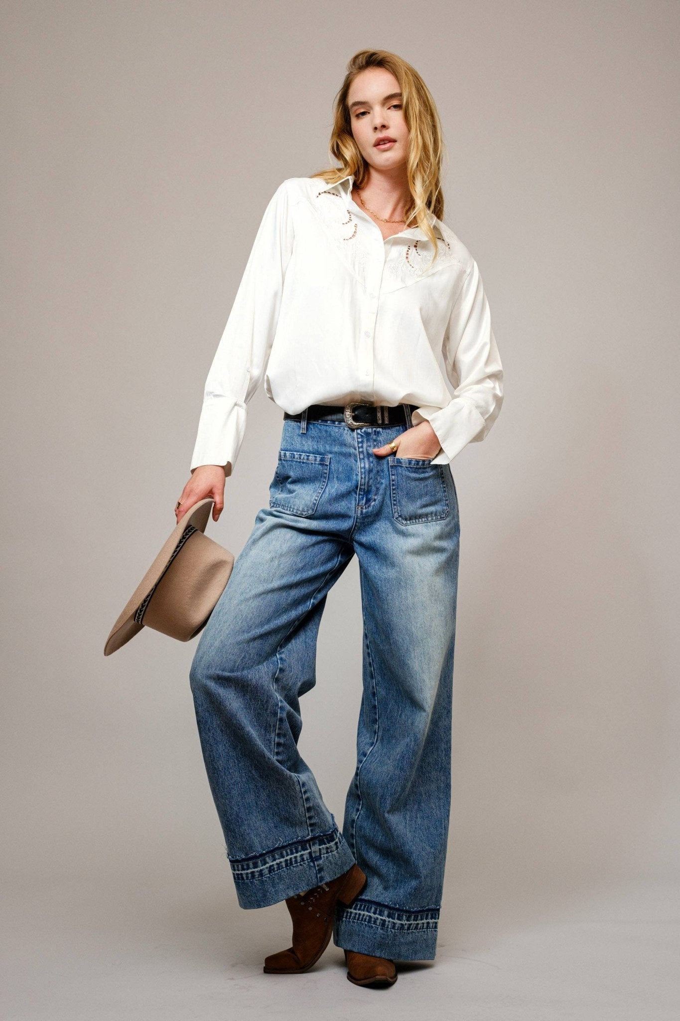 Blue B Embroidered Western Yoke Button-Up Blouse — Lightweight Matte Satin with Cutout Details - Rooted & Reckless Co.