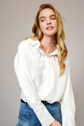Blue B Embroidered Western Yoke Button-Up Blouse — Lightweight Matte Satin with Cutout Details - Rooted & Reckless Co.