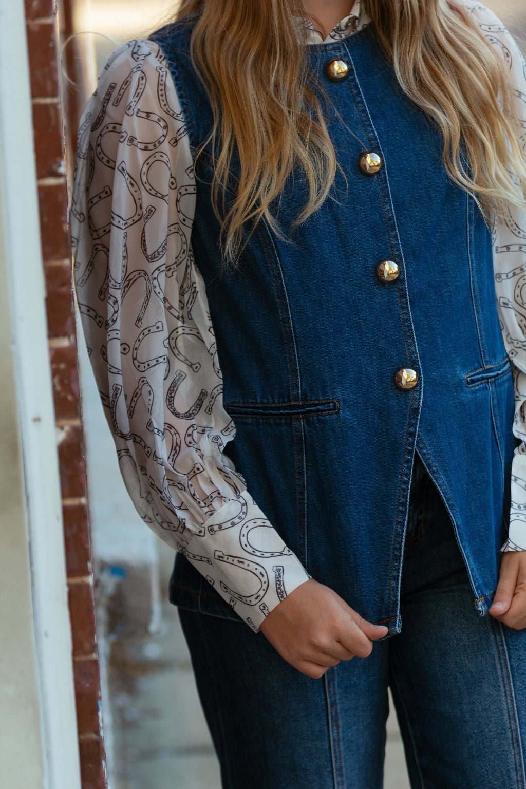 Blue B "Gold Rush" Button Denim Western Vest — Medium-Wash with Gold Shank Buttons & Side Welt Pockets - Rooted & Reckless Co.