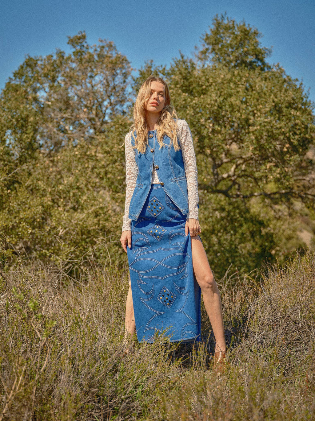Blue B "Gold Rush" Button Denim Western Vest — Medium-Wash with Gold Shank Buttons & Side Welt Pockets - Rooted & Reckless Co.