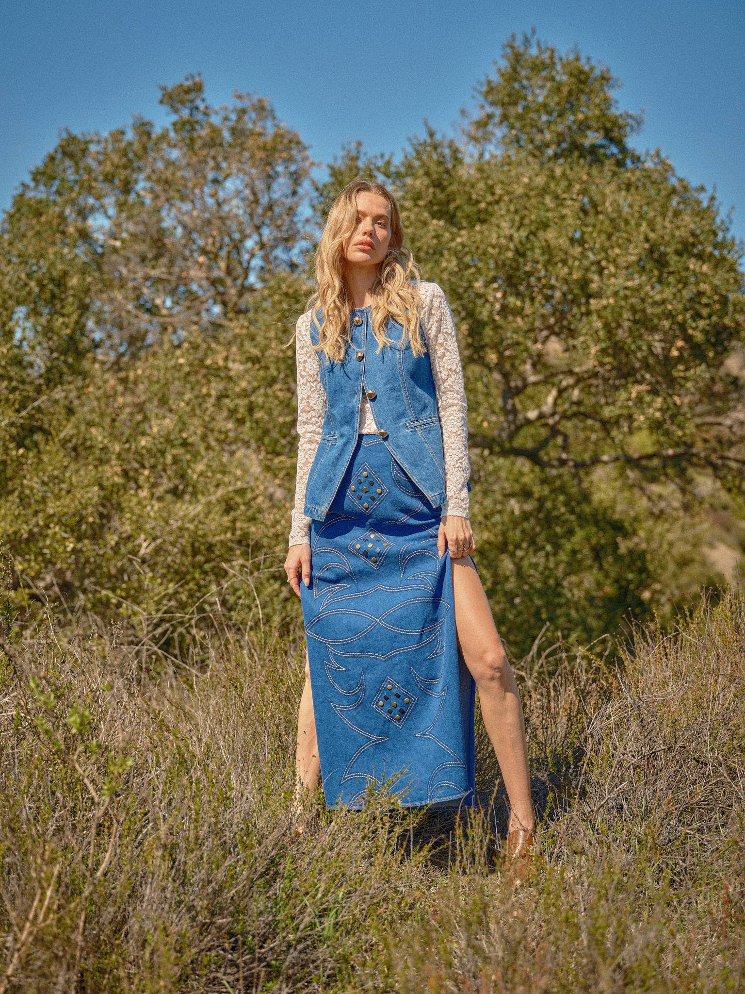 Blue B "Gold Rush" Button Denim Western Vest — Medium-Wash with Gold Shank Buttons & Side Welt Pockets - Rooted & Reckless Co.