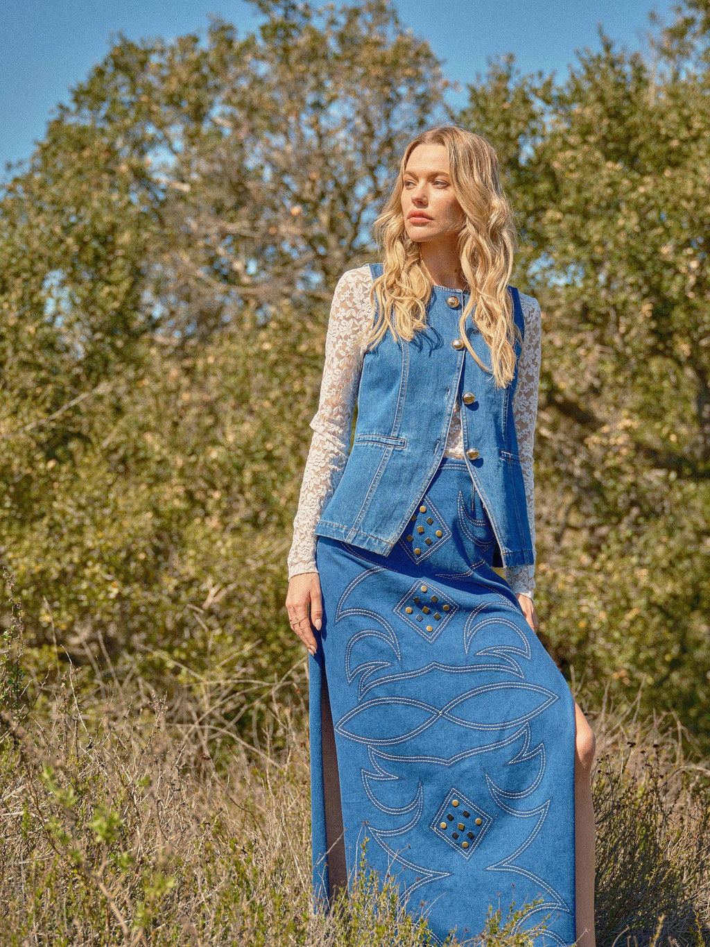 Blue B "Gold Rush" Button Denim Western Vest — Medium-Wash with Gold Shank Buttons & Side Welt Pockets - Rooted & Reckless Co.