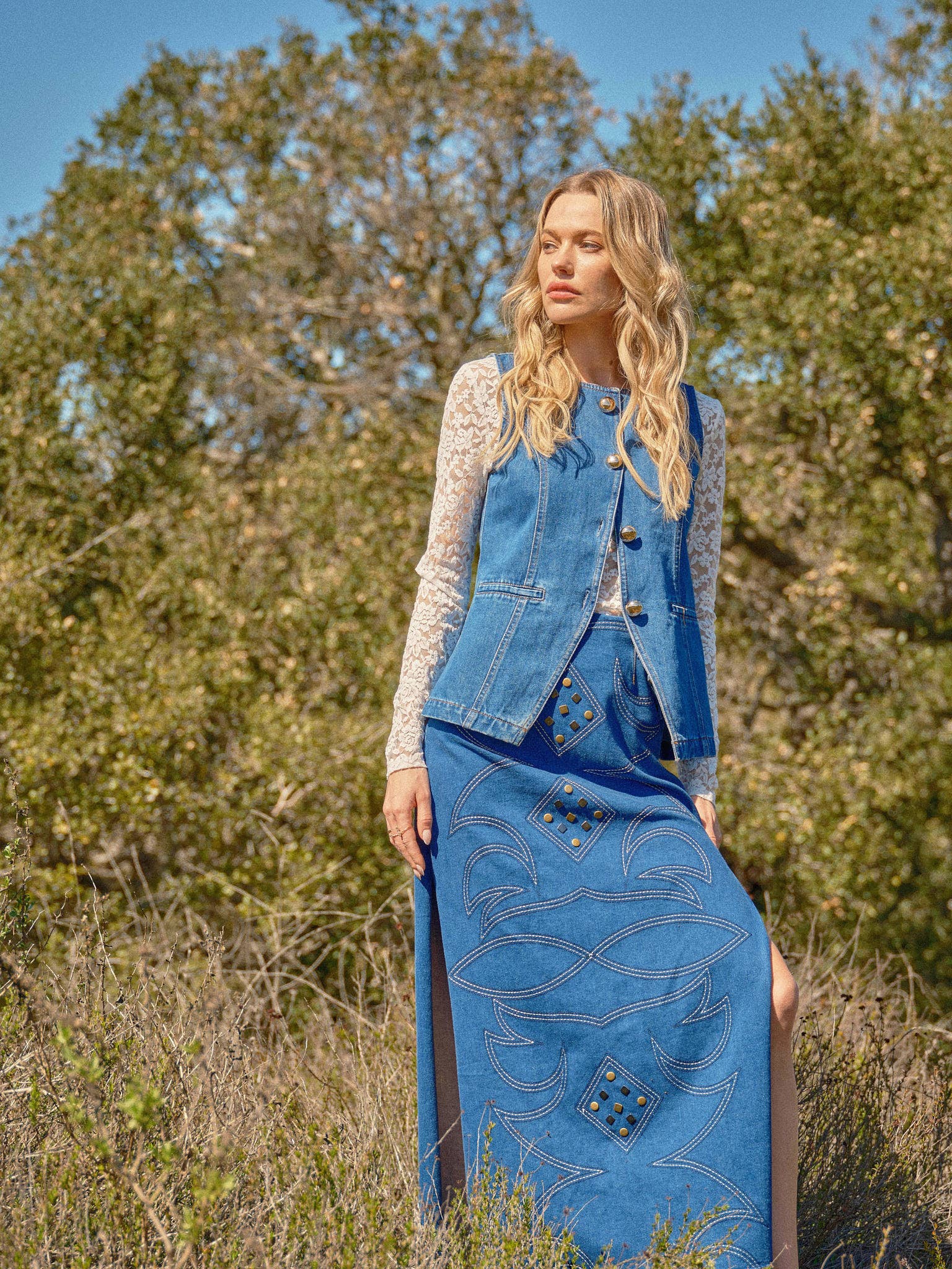 Blue B "Gold Rush" Button Denim Western Vest — Medium-Wash with Gold Shank Buttons & Side Welt Pockets - Rooted & Reckless Co.