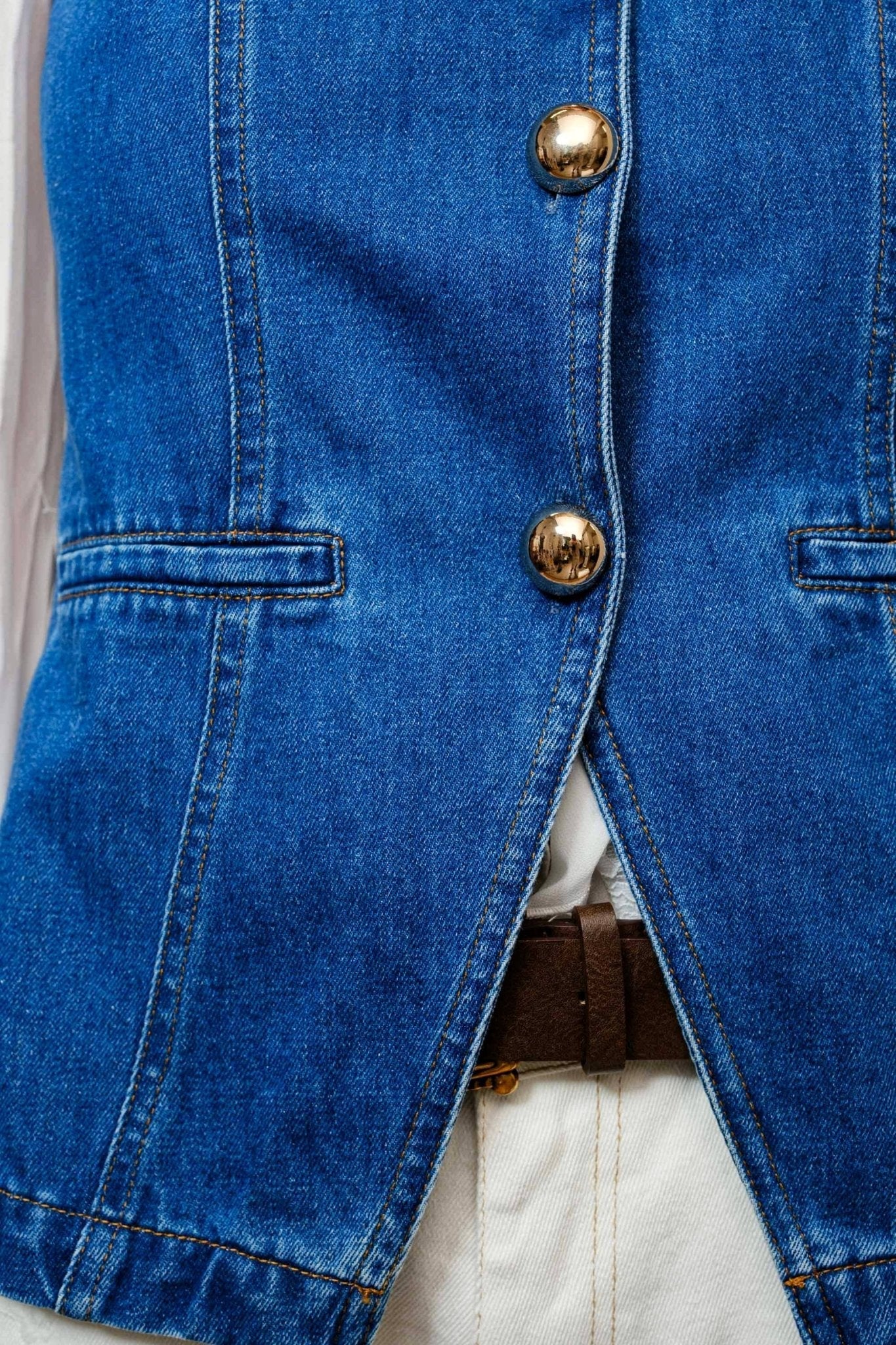 Blue B "Gold Rush" Button Denim Western Vest — Medium-Wash with Gold Shank Buttons & Side Welt Pockets - Rooted & Reckless Co.