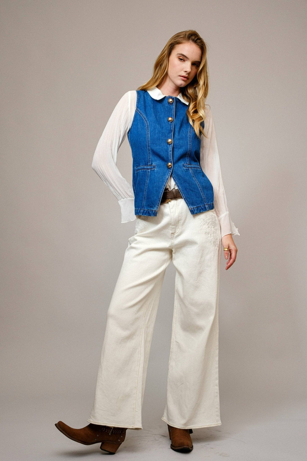 Blue B "Gold Rush" Button Denim Western Vest — Medium-Wash with Gold Shank Buttons & Side Welt Pockets - Rooted & Reckless Co.