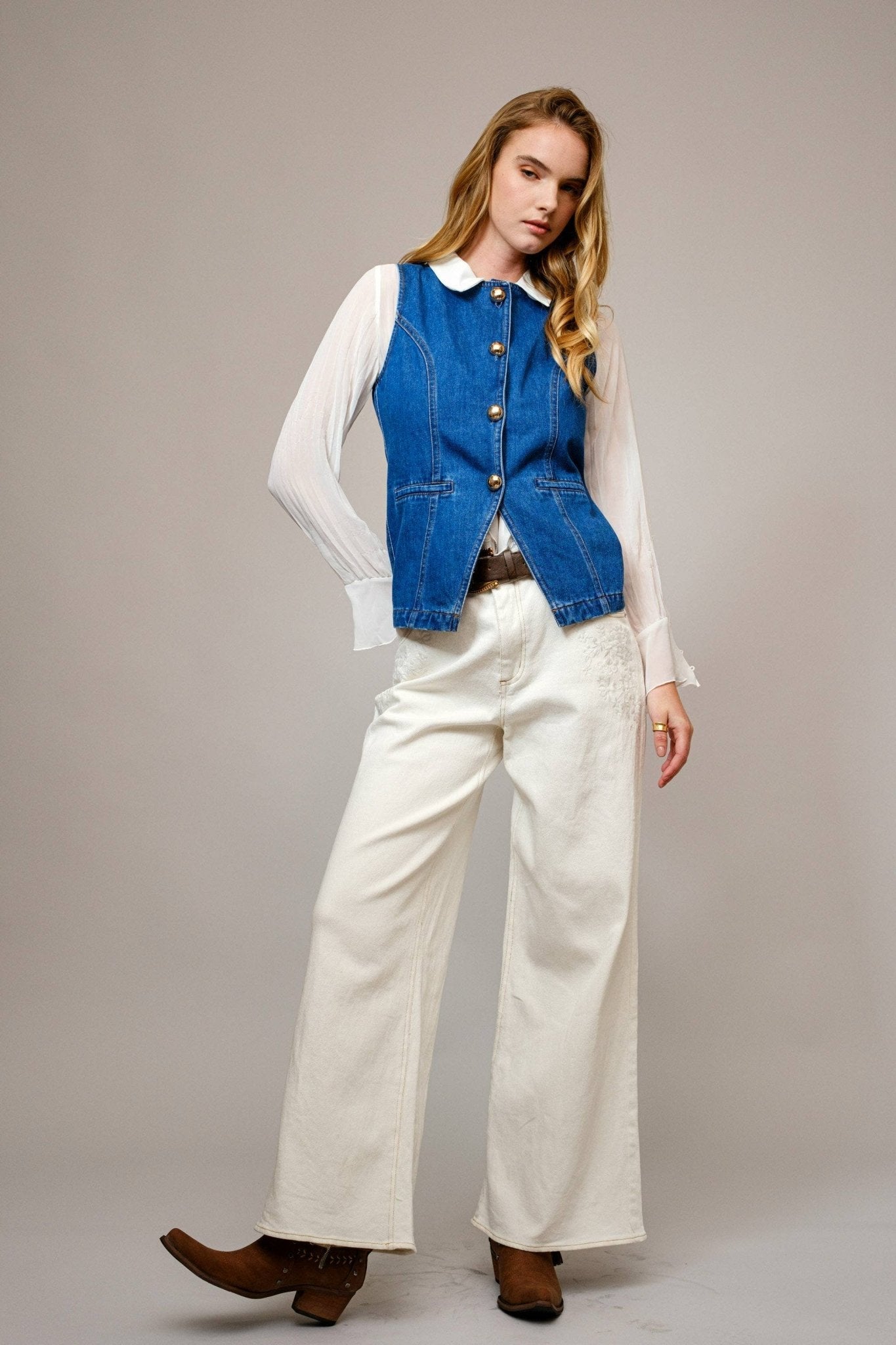 Blue B "Gold Rush" Button Denim Western Vest — Medium-Wash with Gold Shank Buttons & Side Welt Pockets - Rooted & Reckless Co.