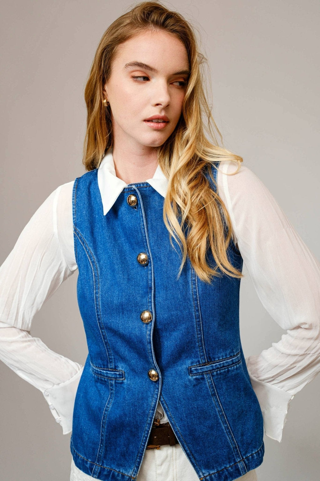 Blue B "Gold Rush" Button Denim Western Vest — Medium-Wash with Gold Shank Buttons & Side Welt Pockets - Rooted & Reckless Co.