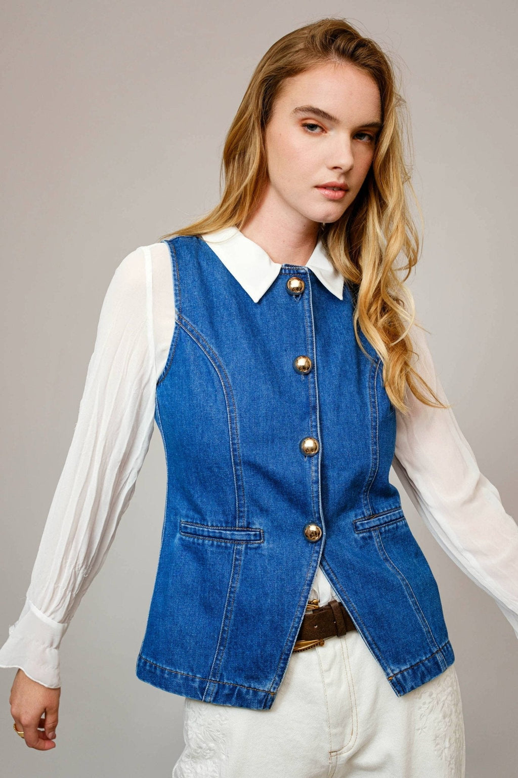 Blue B "Gold Rush" Button Denim Western Vest — Medium-Wash with Gold Shank Buttons & Side Welt Pockets - Rooted & Reckless Co.