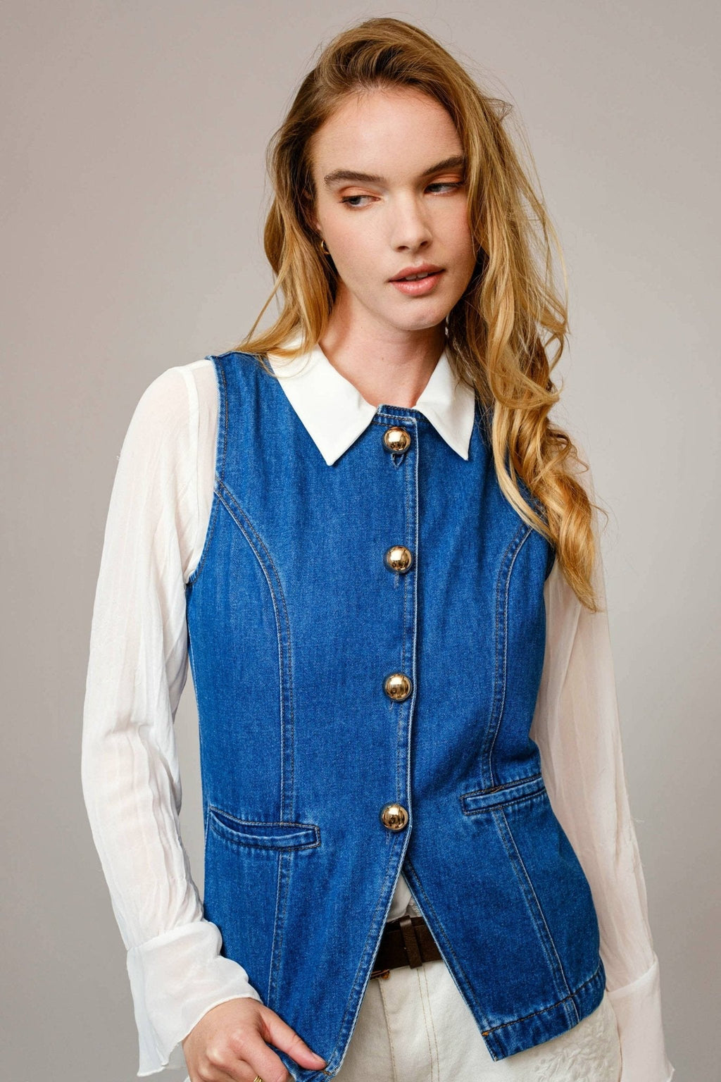 Blue B "Gold Rush" Button Denim Western Vest — Medium-Wash with Gold Shank Buttons & Side Welt Pockets - Rooted & Reckless Co.
