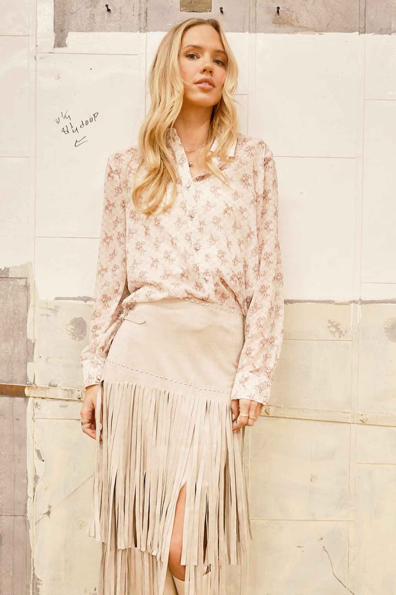 Blue B "Let'r Buck" Western Chiffon Button-Down Blouse — Soft Feminine Rodeo Print - Rooted & Reckless Co.