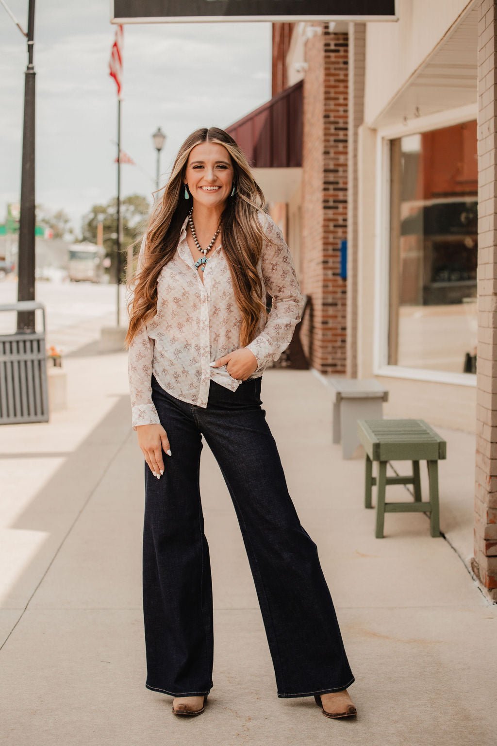 Blue B "Let'r Buck" Western Chiffon Button-Down Blouse — Soft Feminine Rodeo Print - Rooted & Reckless Co.