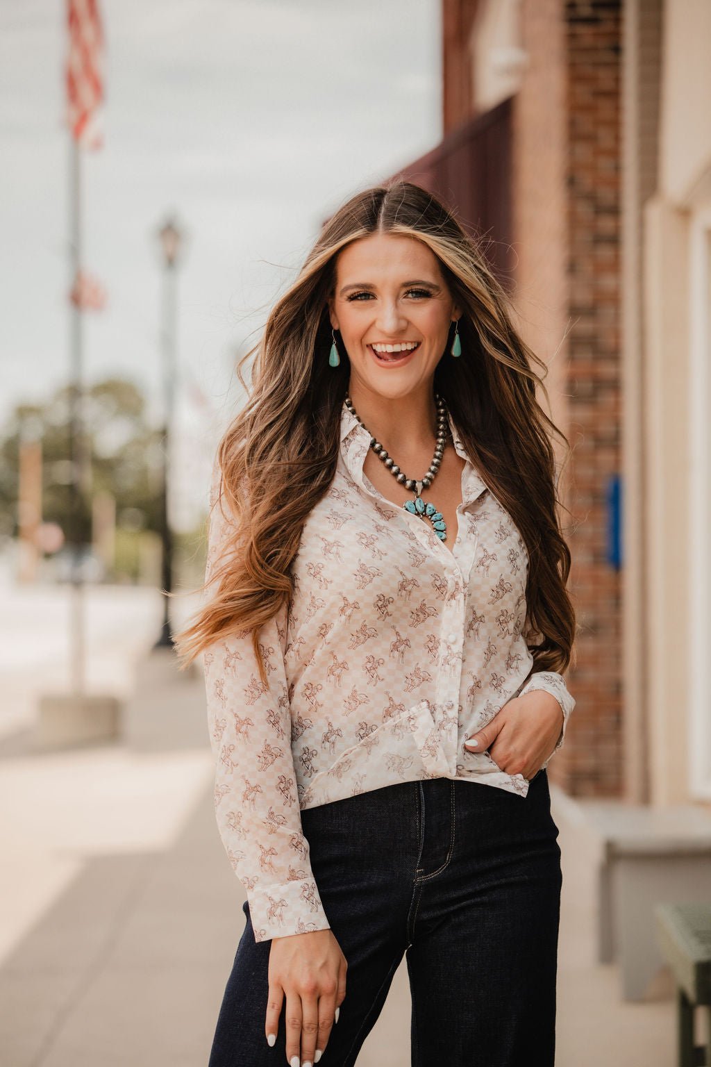 Blue B "Let'r Buck" Western Chiffon Button-Down Blouse — Soft Feminine Rodeo Print - Rooted & Reckless Co.