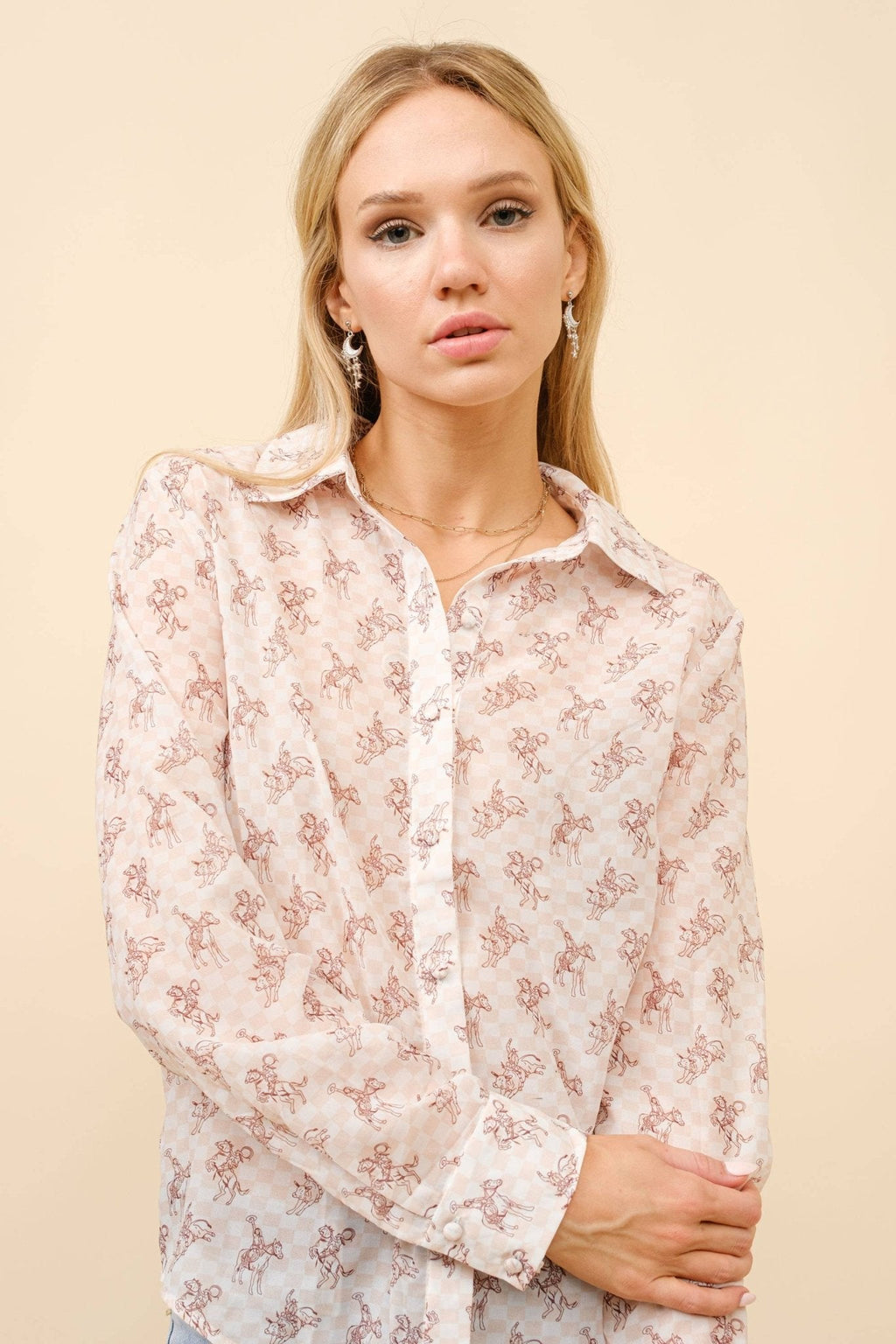 Blue B "Let'r Buck" Western Chiffon Button-Down Blouse — Soft Feminine Rodeo Print - Rooted & Reckless Co.